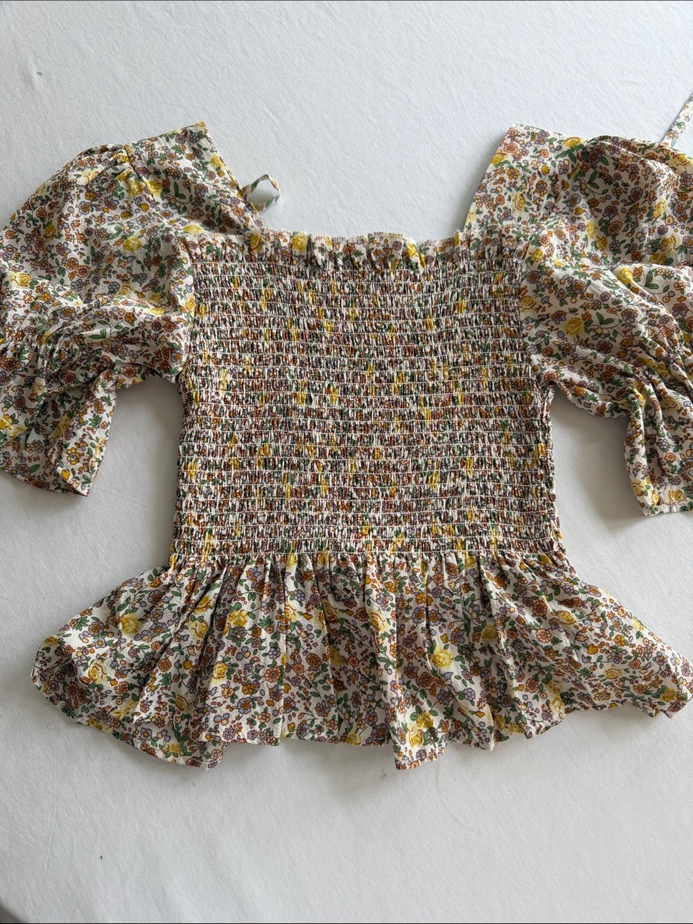 Floral Smocked Peplum Top - White & Yellow XS